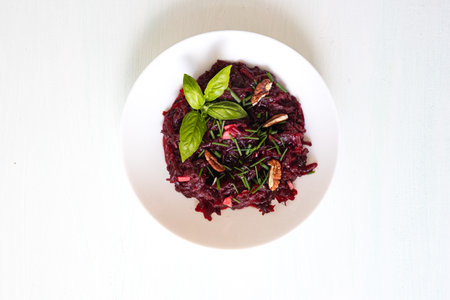 Beet salad with pecans. Beet salad top view