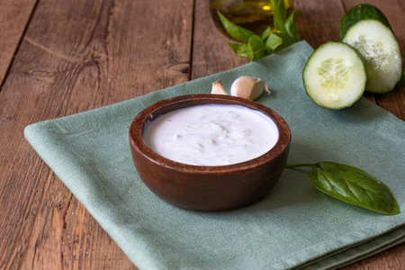 White dip sauce - sour cream or yogurt in wooden bowl. Greek sauceの写真素材