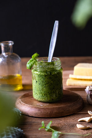 Basil pesto in a jar on a rustic table. Vertical photo