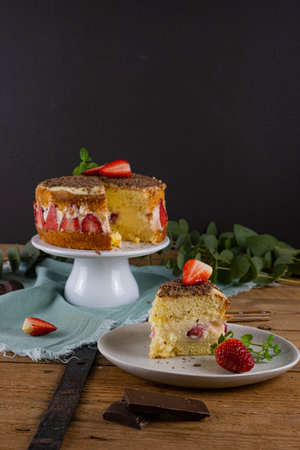 Strawberry Cake in Rustic Style. Vertical photoの写真素材
