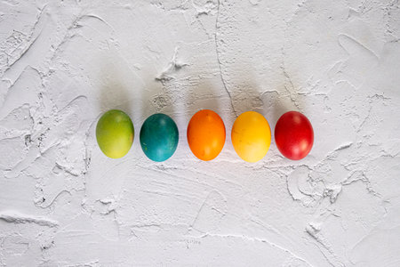 Easter colorful eggs on a gray backgroundの写真素材
