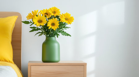 Clean design with green vase of yellow daisies on Scandinavian-style wood nightstandの素材
