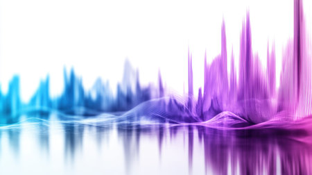 Abstract sound wave equalizer with smooth purple to blue gradient motion, flowing rhythmically on a clean white backgroundの素材