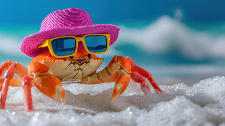 A cheerful crab in vibrant beach hat and cool sunglasses enjoys the sunny shoreline, basking in summer fun and wavesの素材