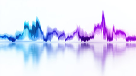 Abstract sound wave equalizer with smooth purple to blue gradient motion, flowing rhythmically on a clean white backgroundの素材