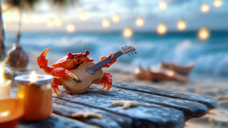 A whimsical crab performs a guitar solo at a beachside table as waves crash nearbyの素材