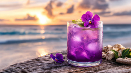 A vibrant purple cocktail with edible flowers served on a rustic beachside table under a golden sunsetの素材