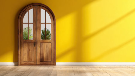 A stylish arched window framed by aged wooden shutters, set on a bold yellow wall in warm daylightの素材