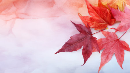 Abstract red maple leaves on soft watercolor wash, warm tones ideal for seasonal designの素材