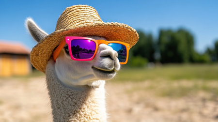 Adorable llama rocking summer gear with vibrant sunglasses and straw hat in sunny fieldの素材
