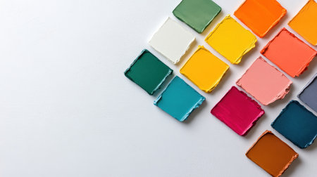 Artistic arrangement of colorful square swatches in watercolor style on clean white canvasの素材
