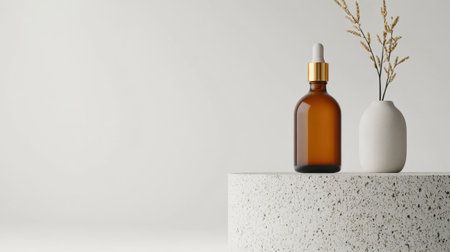 Beauty product concept: amber bottle and gold dropper isolated on soft grey studio backgroundの素材