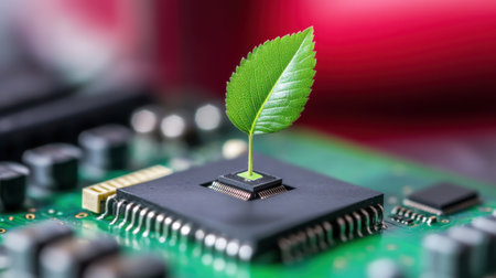 Blending biology and tech: microchip with leaf growing from centerの素材