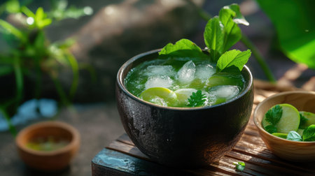 Bael juice with floating ice, herbs, and tropical flair in Thai cultural presentationの素材