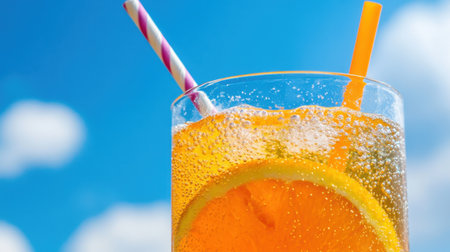 Chilled orange soda with bubbles, striped straw, and bright blue sky behindの素材