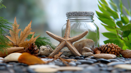 Beach-themed composition featuring a silver-crowned starfish with natural elements and sea-inspired decorの素材
