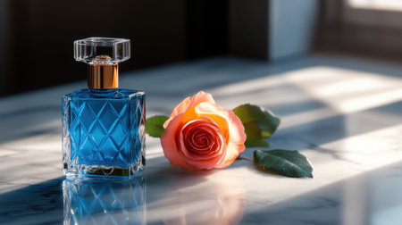 Blue glass perfume bottle next to a rose, spotlighted with cinematic studio shadowsの素材