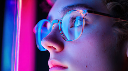 Candid moment of concentration as a person with glasses navigates digital workの素材