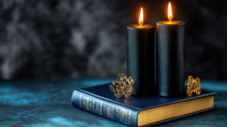 Black and gold candles atop a blue vintage book with elegant trinkets, studio-litの素材