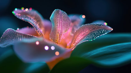 Circuit board textures etched into soft flower petals, highlighting nature-tech harmonyの素材