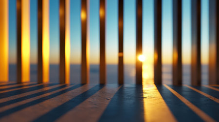 Calm morning ambiance with sunlight through slats, sky glowing with peaceful clarityの素材