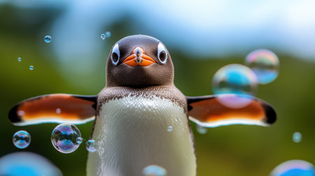 Close-up of a smiling penguin playing in bubbles with a blurred, whimsical backgroundの素材