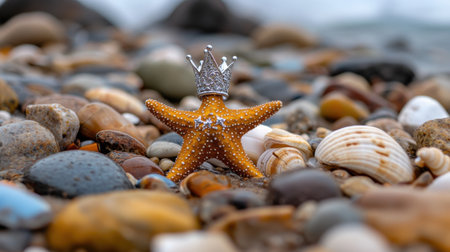 Close-up of a starfish wearing a silver crown on the beach, with shells and smooth stones for ambianceの素材