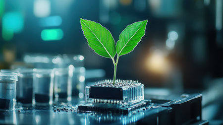 Blending biology and tech: microchip with leaf growing from centerの素材