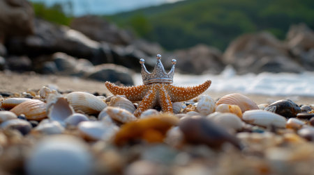 Close-up of a starfish wearing a silver crown on the beach, with shells and smooth stones for ambianceの素材