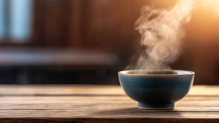 Close-up of steaming bowl on worn wood table with ambient warm lightingの素材