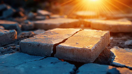Cracked concrete blocks under warm rays, soft background of fading sunの素材