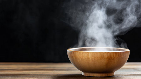 Comfort-themed image of warm bowl emitting steam on textured wooden surfaceの素材