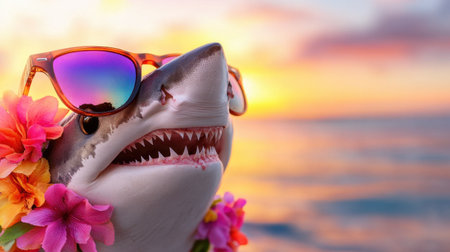 Cool shark with flowers around its neck and shades against vibrant beach sunset backdropの素材