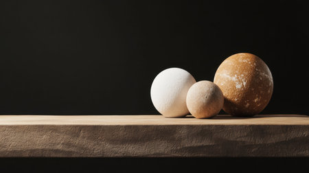 Conceptual still life of balanced orbs on wood, minimal dark space aroundの素材