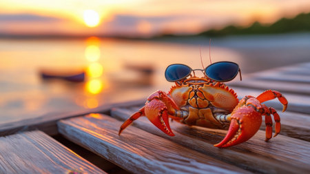 Crab with sunglasses and guitar jamming on a wooden deck under the evening skyの素材