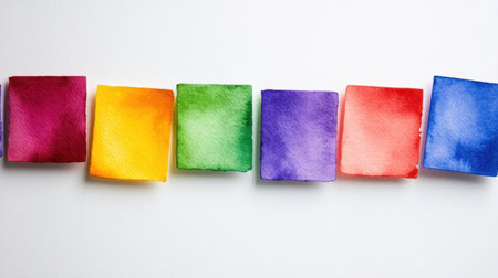 Colorful watercolor squares isolated on white, geometric yet artistic visual conceptの素材