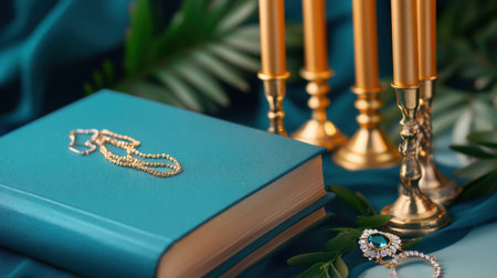 Composition with gold-tipped candles, blue hardbound book and delicate jewelryの素材