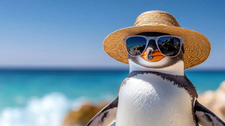 Cool penguin in stylish sunglasses and a wide-brimmed hat chilling by the ocean under the sunの素材