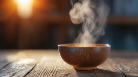 Comfort-themed image of warm bowl emitting steam on textured wooden surfaceの素材