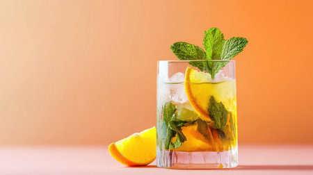 Delicate cocktail served with mint and citrus against warm pastel gradient backgroundの素材
