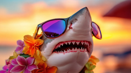 Cool shark with flowers around its neck and shades against vibrant beach sunset backdropの素材