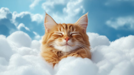 Cup cat daydreaming in a fluffy cloudscape, surrounded by sky blues and gentle lightの素材