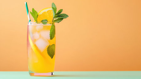 Delicate cocktail served with mint and citrus against warm pastel gradient backgroundの素材