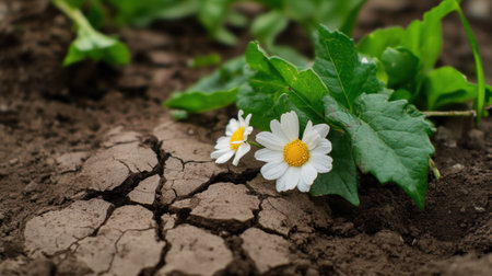 Cracked earth gives way to soft petals and green leaves, blending strength and beautyの素材