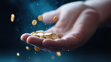 Close-up of golden coins falling from fingers in slow motion, dark moody backgroundの素材