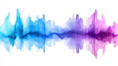 Dynamic audio waveform pattern in vibrant gradient hues of blue and purple, isolated cleanly on a white backdropの素材