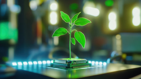 Conceptual shot of green plant sprouting from microchip under soft lightingの素材