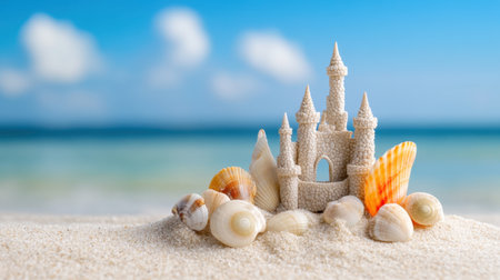 Ethereal castle made of seashells and coral resting on smooth sand with horizon viewの素材