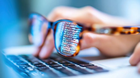 Eyeglass reflection of data or code, as person types intently on laptopの素材