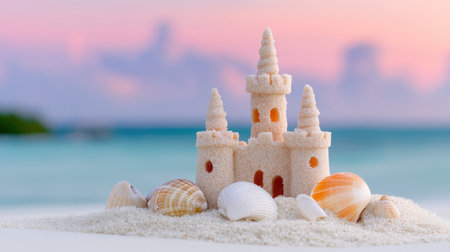 Enchanting coral castle built from seashells and sand sparkles under a pastel beach skyの素材